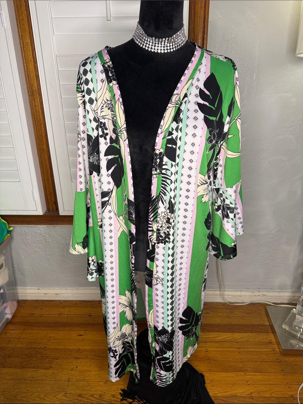 Women’s Green Floral Stripe Swim Cover-Up Kimono